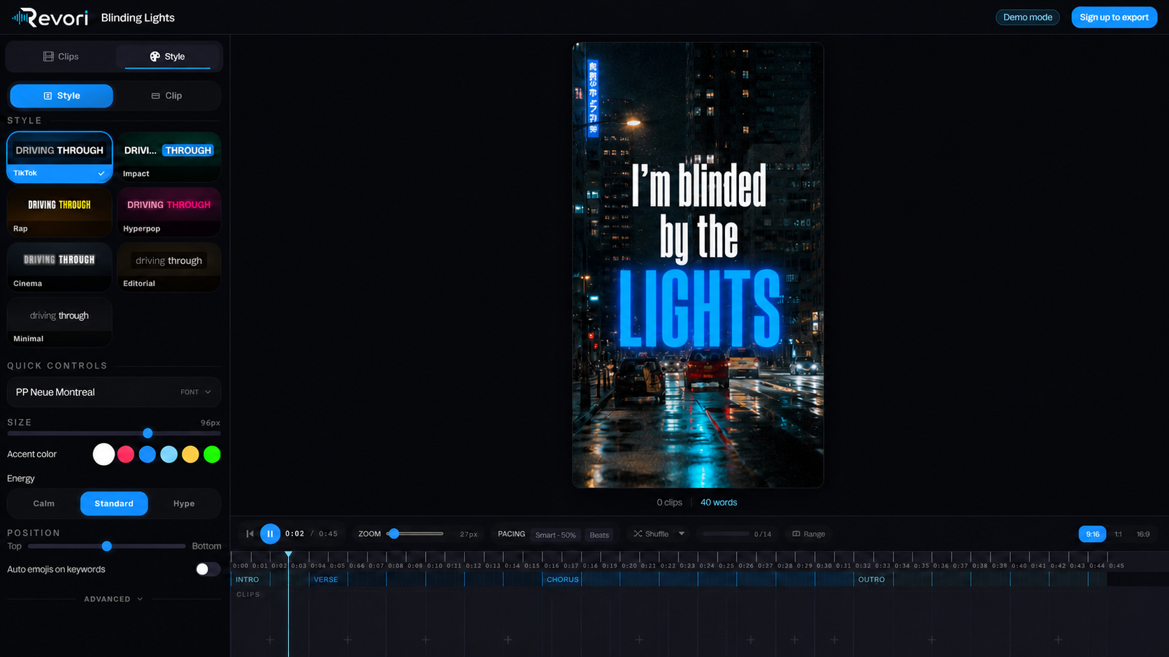 The Revori lyric-video editor: lyrics synced over footage on the beat grid