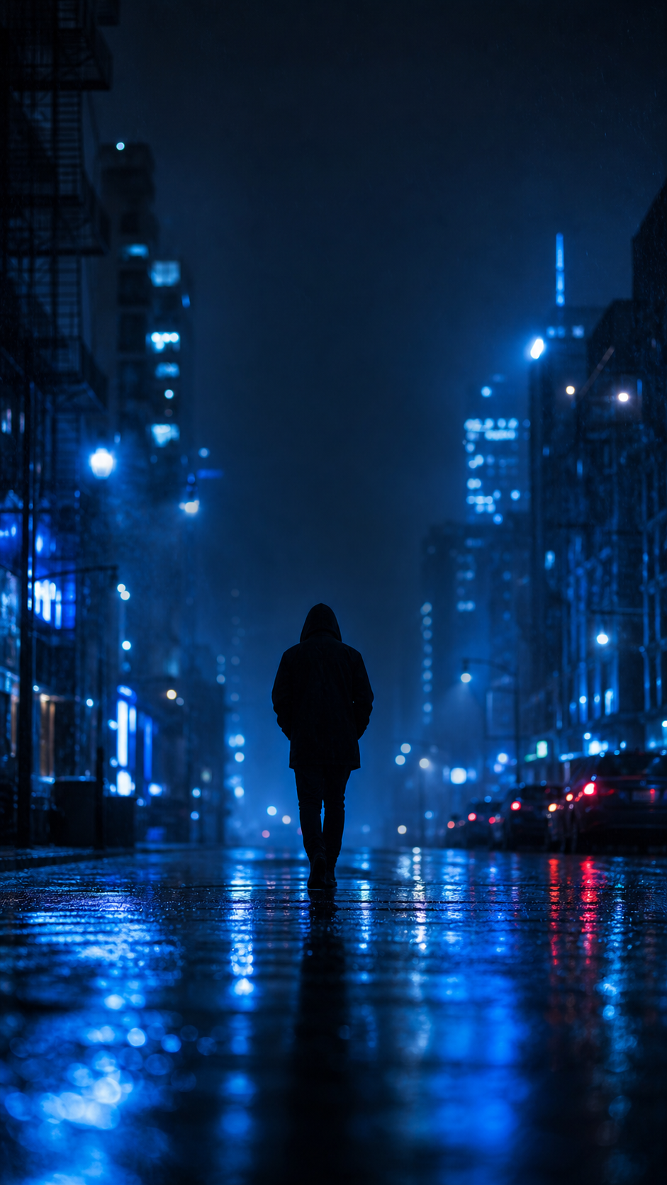 A rain-slicked neon city street at night